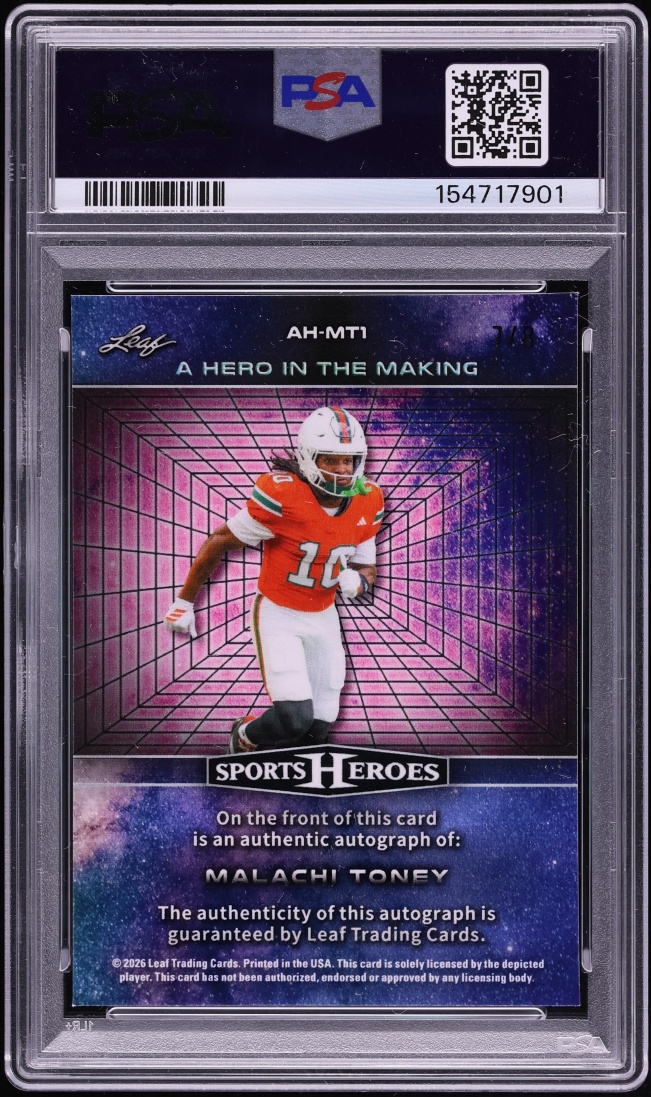 2026 Leaf Sports Heroes A Hero In The Making Purple Prism Malachi Toney ROOKIE AUTO /8 PSA 9