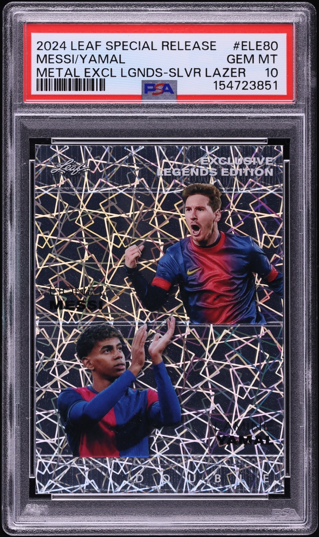 2024 Leaf Special Metal Exclusive Legends Silver Lazer Lionel Messi Lamine Yamal /25 PSA 10