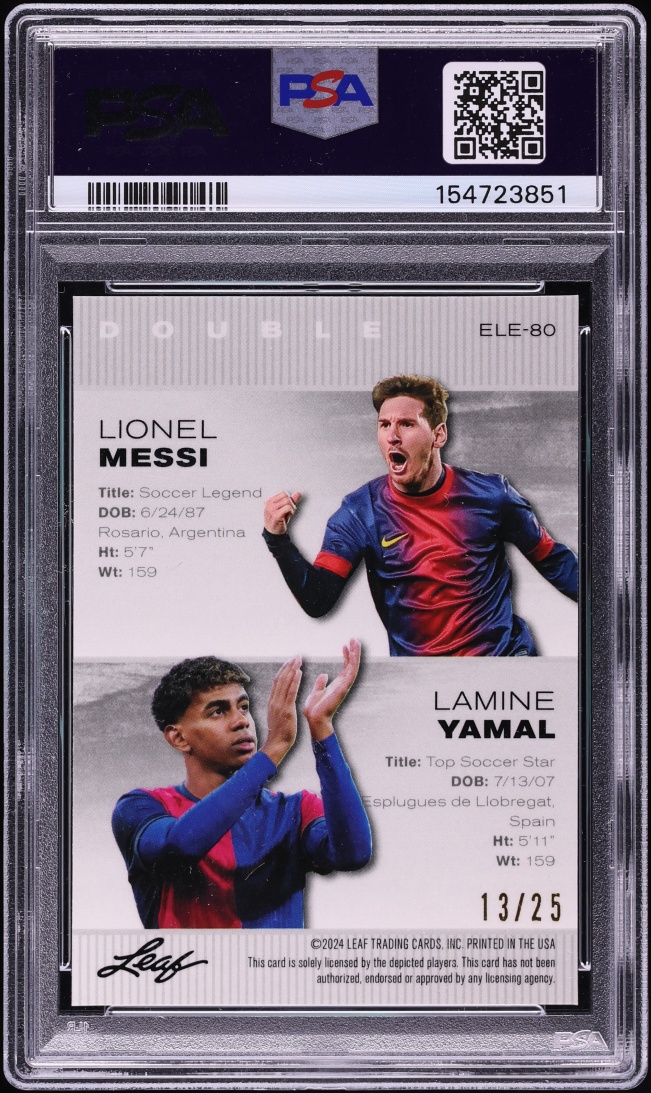 2024 Leaf Special Metal Exclusive Legends Silver Lazer Lionel Messi Lamine Yamal /25 PSA 10