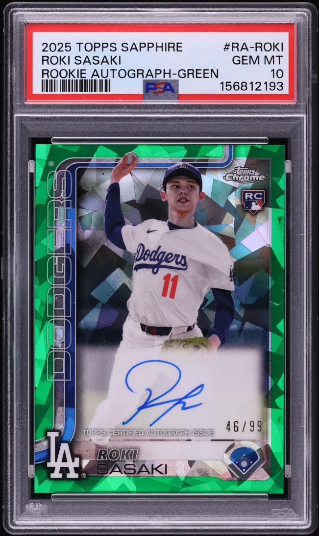 2025 Topps Chrome Sapphire Green Roki Sasaki ROOKIE AUTO /99 #RA-ROKI PSA 10 GEM MINT