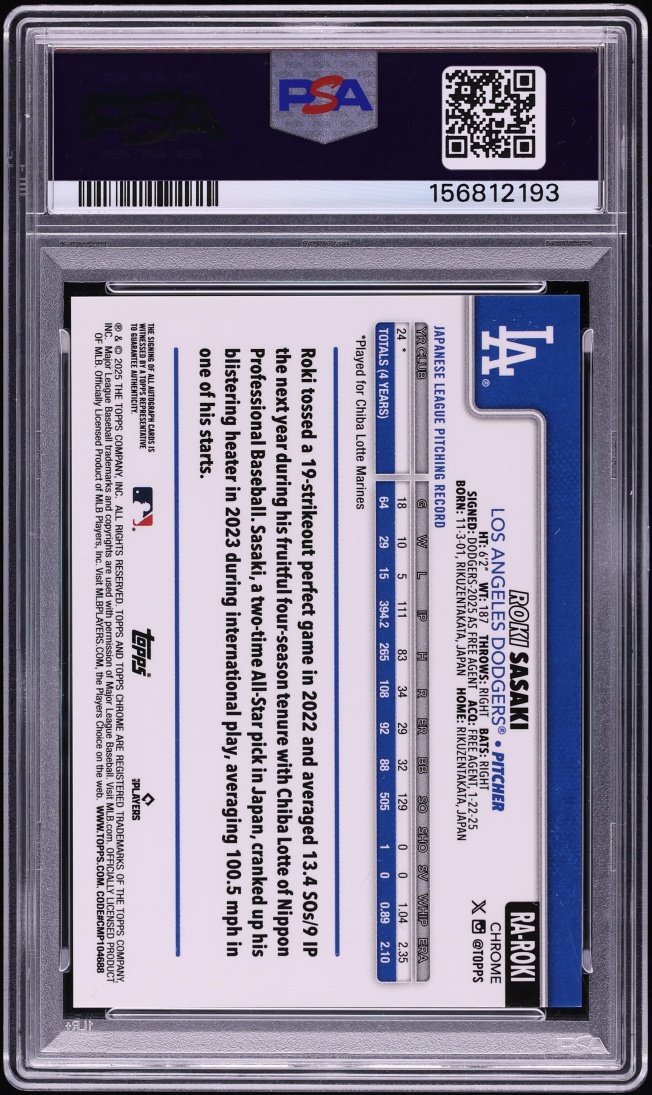 2025 Topps Chrome Sapphire Green Roki Sasaki ROOKIE AUTO /99 #RA-ROKI PSA 10 GEM MINT