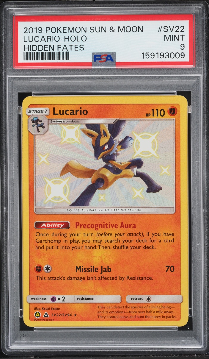 2019 Pokemon Sun & Moon Hidden Fates Shiny Holo Lucario #SV22 PSA 9 MINT