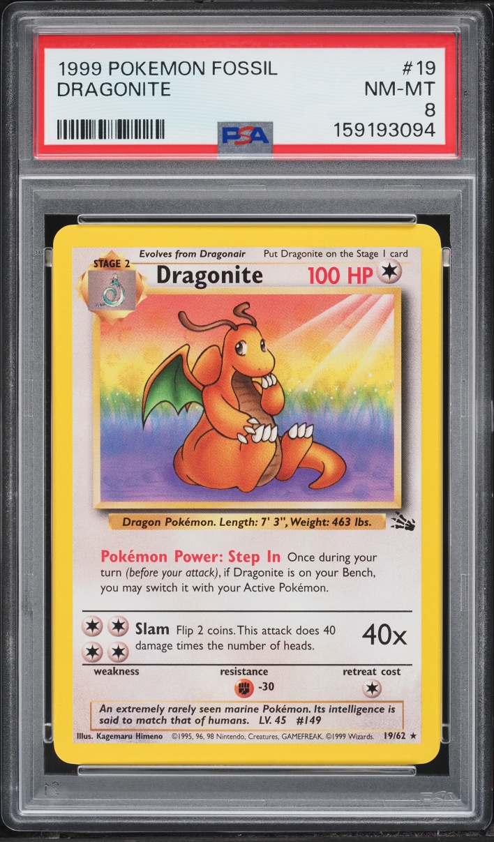 1999 Pokemon Fossil Dragonite #19 PSA 8 NM-MT