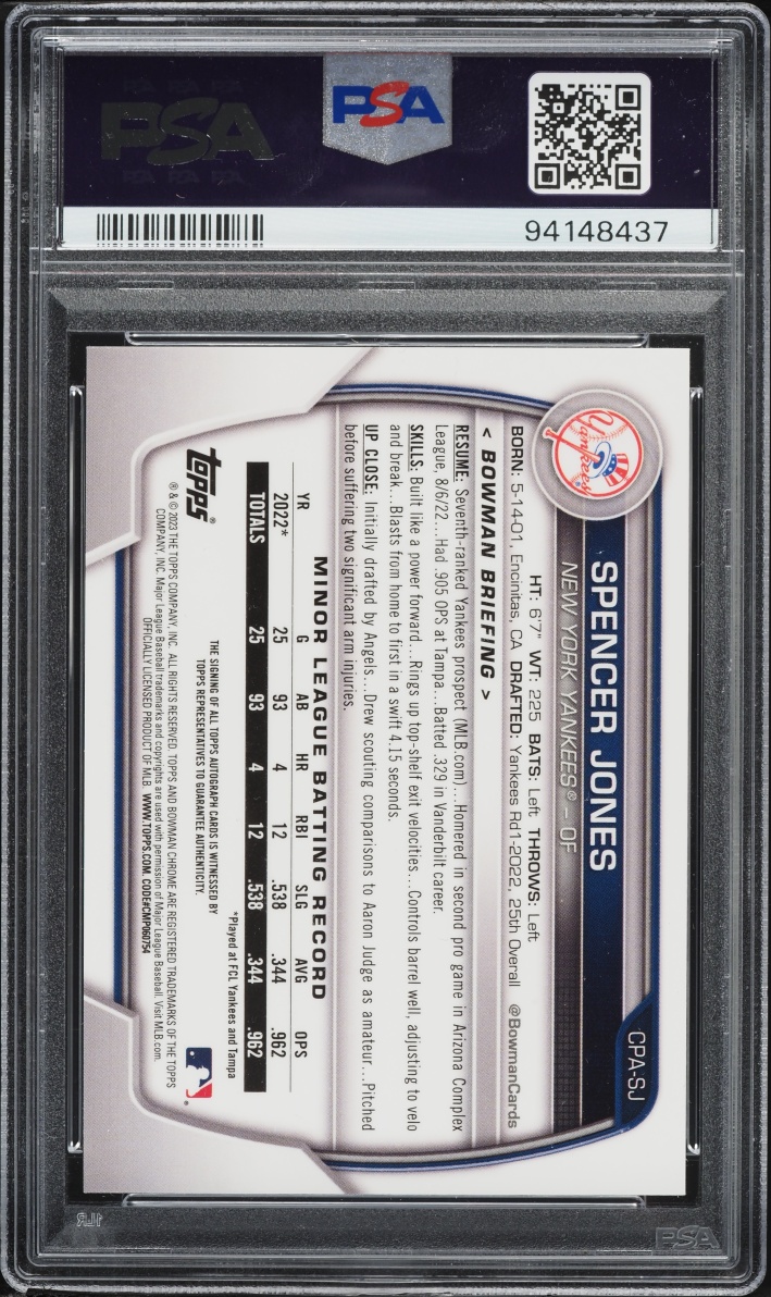 2023 Bowman Chrome Sterling Speckle Ref Spencer Jones PROSPECT AUTO /299 #PASJ PSA 10 GEM MINT