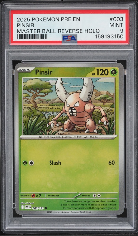 2025 Pokemon Scarlet & Violet Prismatic Evolutions Master Ball Reverse Holo Pinsir #3 PSA 9