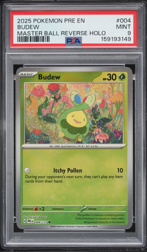 2025 Pokemon Scarlet & Violet Prismatic Evolutions Master Ball Reverse Holo Budew #4 PSA 9 MINT