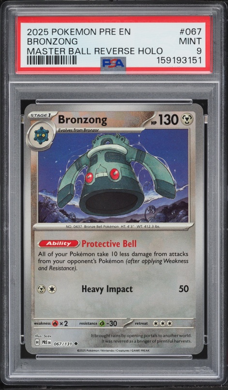 2025 Pokemon Scarlet & Violet Prismatic Evolutions Master Ball Reverse Holo Bronzong #67 PSA 9
