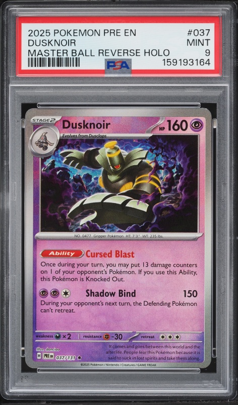 2025 Pokemon Scarlet & Violet Prismatic Evolutions Master Ball Reverse Holo Dusknoir #37 PSA 9