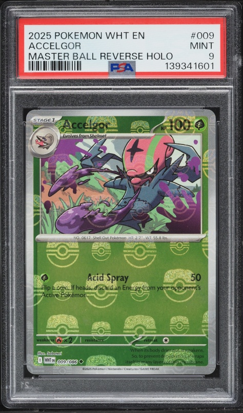 2025 Pokemon SV White Flare Master Ball Reverse Holo Accelgor #009 PSA 9 MINT