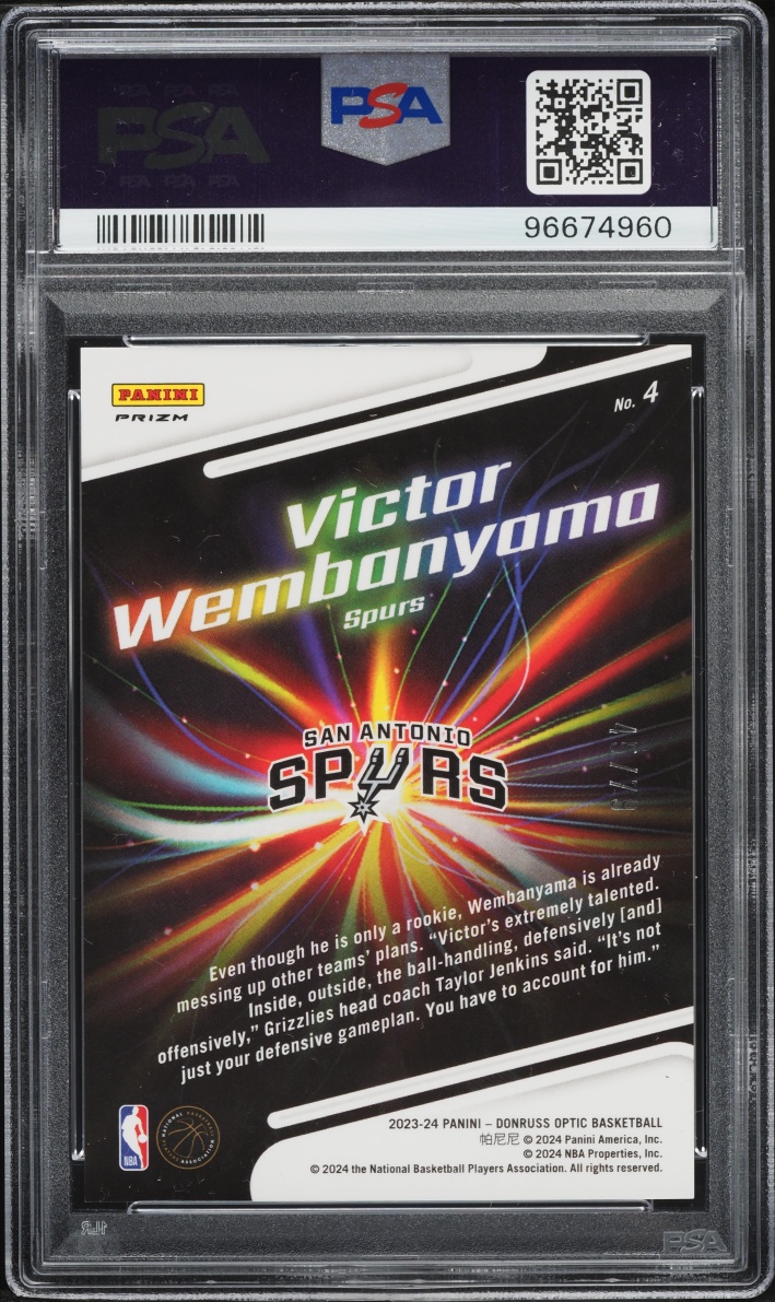 2023 Donruss Optic Lights Out Pink Velocity Prizm Victor Wembanyama ROOKIE /79 #4 PSA 10 GEM