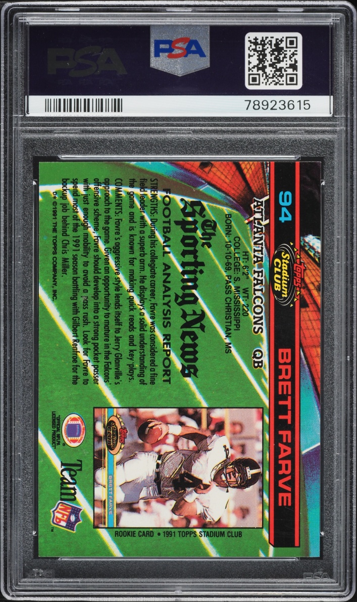 1991 Stadium Club Football Brett Favre ROOKIE #94 PSA 8 NM-MT