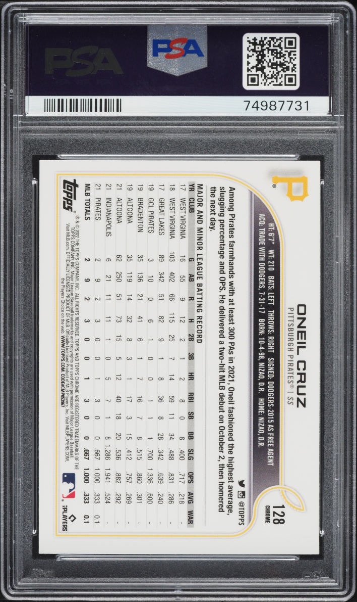 2022 Topps Chrome Sepia Refractor Oneil Cruz ROOKIE #128 PSA 10 GEM MINT