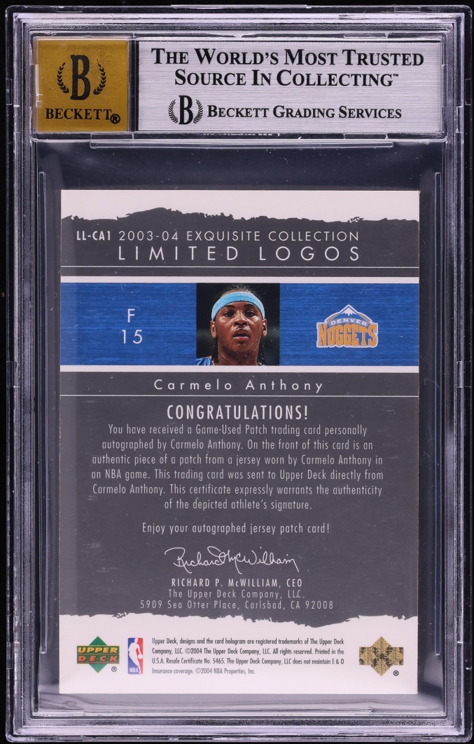 2003 Exquisite Limited Logos Carmelo Anthony PATCH AUTO /75 BGS 8 NM-MT