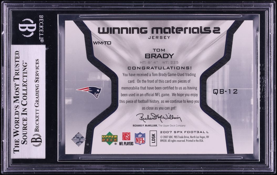 2007 SPx Winning Materials Number Dual Tom Brady PATCH #WM-TO BGS 9 MINT