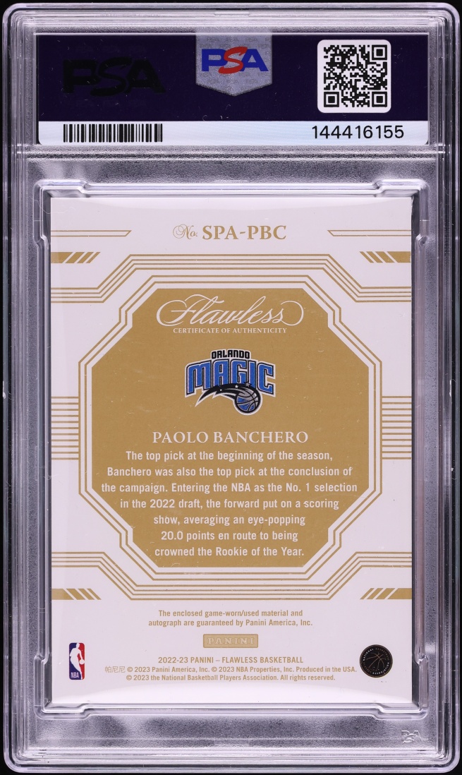 2022 Panini Flawless Signature Prime Materials Paolo Banchero ROOKIE PATCH AUTO DNA 10 PSA 8