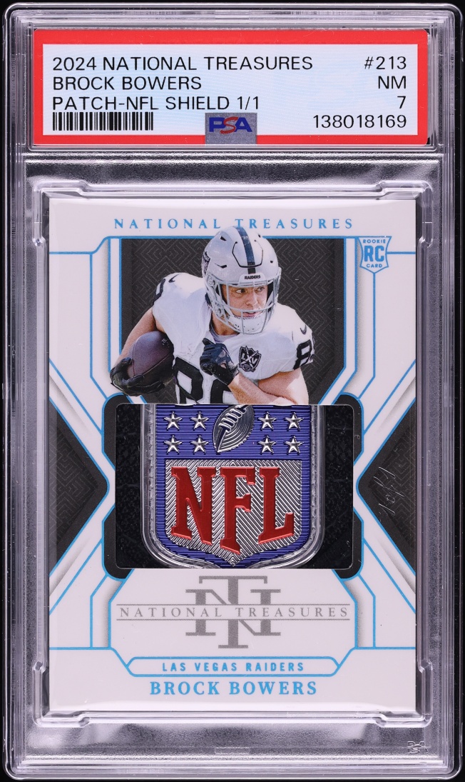 2024 National Treasures NFL Shield Brock Bowers ROOKIE PATCH 1/1 #213 PSA 7 NRMT