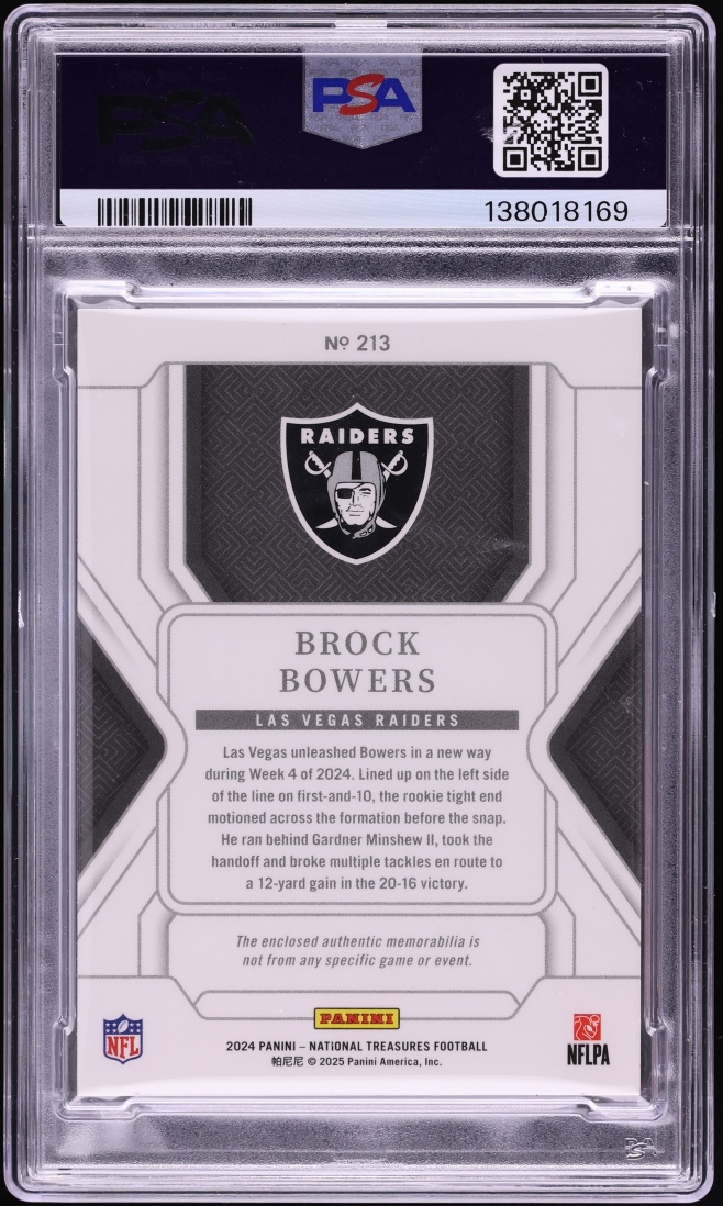 2024 National Treasures NFL Shield Brock Bowers ROOKIE PATCH 1/1 #213 PSA 7 NRMT
