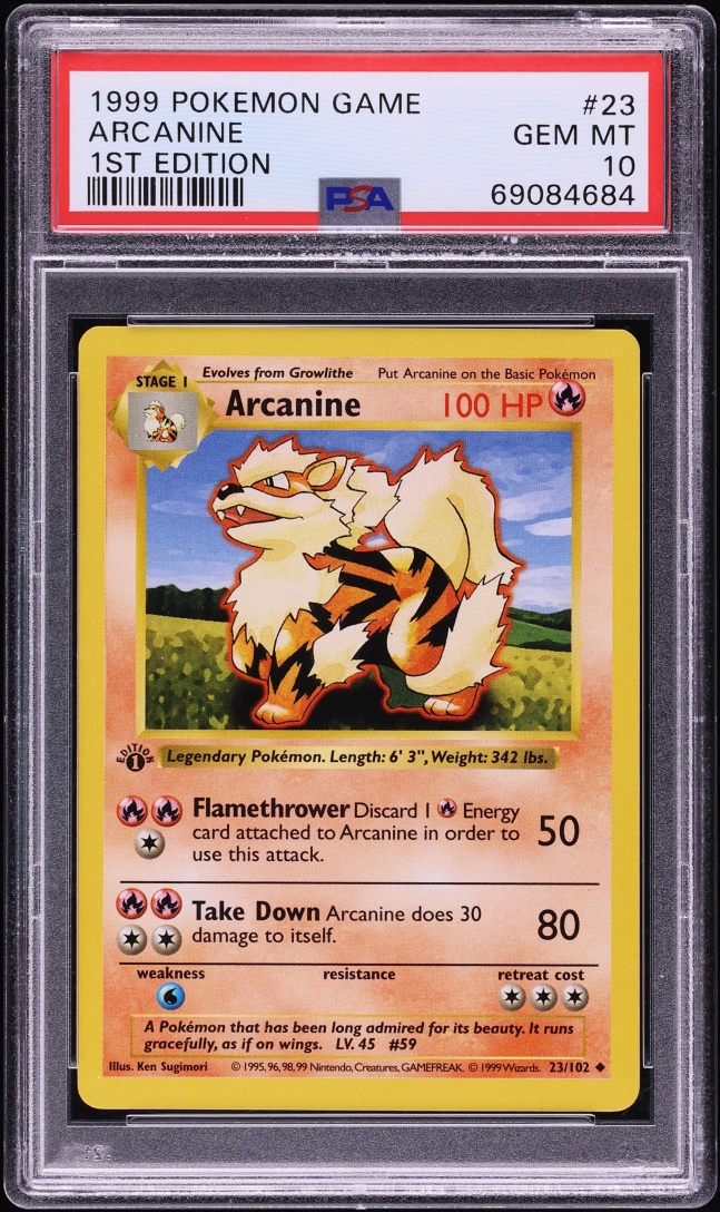 1999 Pokemon Base Set Shadowless 1st Edition Arcanine #23 PSA 10 GEM MINT