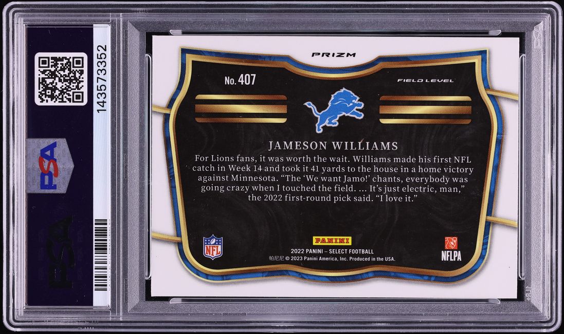 2022 Select Field Level Zebra Prizm Jameson Williams ROOKIE #407 PSA 10 GEM MINT