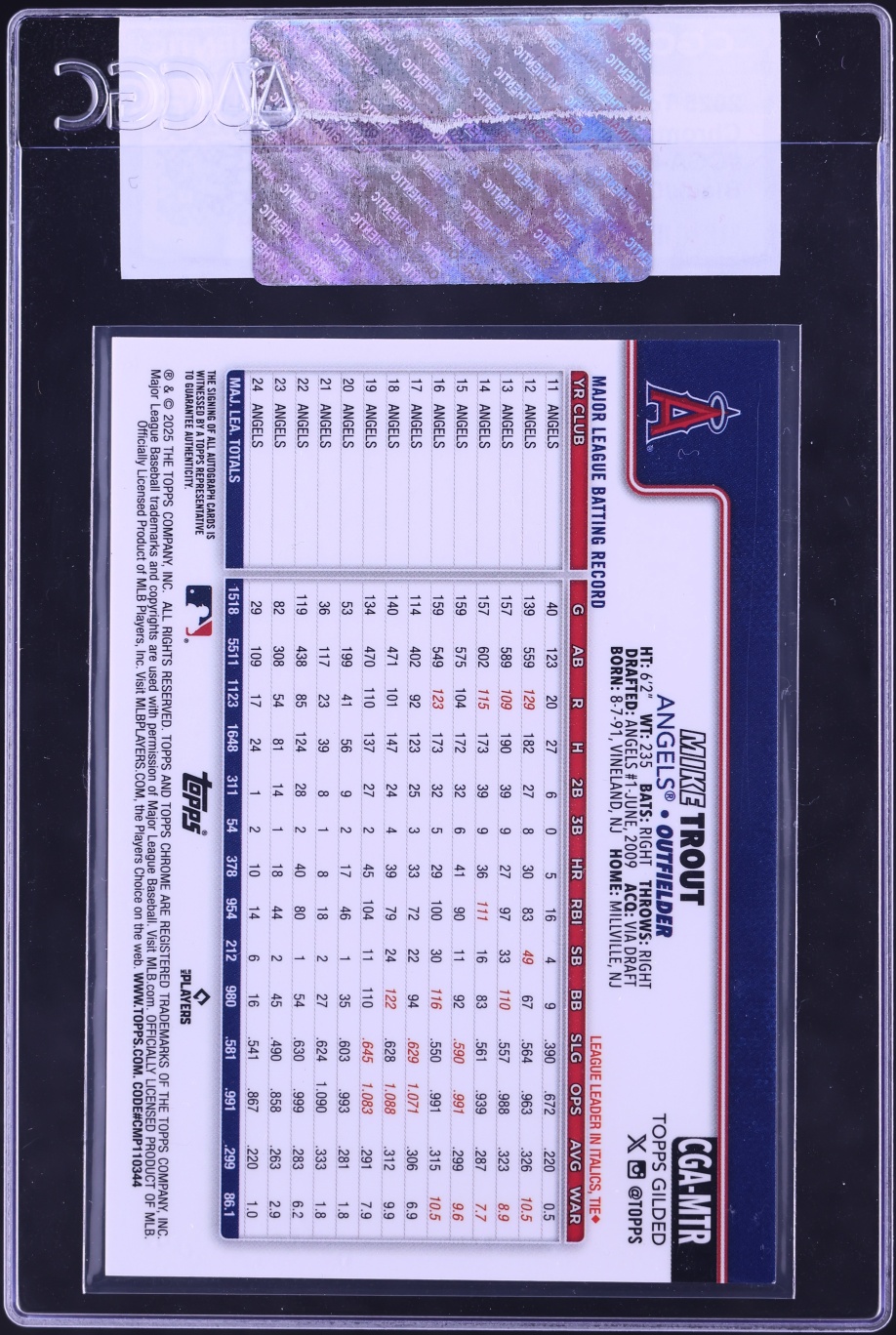 2025 Topps Gilded Collection Chrome Gold Black Refractor Mike Trout AUTO /10 #CGA-MTR CGC AUTH