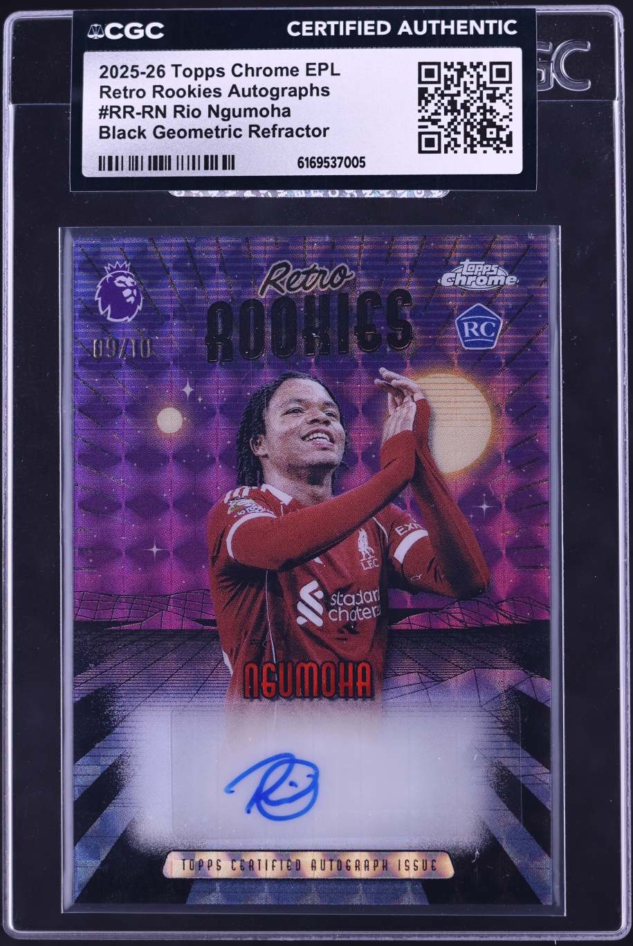 2025 Topps Chrome EPL Retro Black Geometric Refractor Rio Ngumoha ROOKIE AUTO /10 #RN CGC AUTH