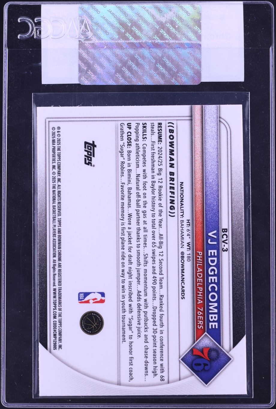 2025 Bowman Chrome VJ Edgecombe ROOKIE #BCV-3 CGC AUTH
