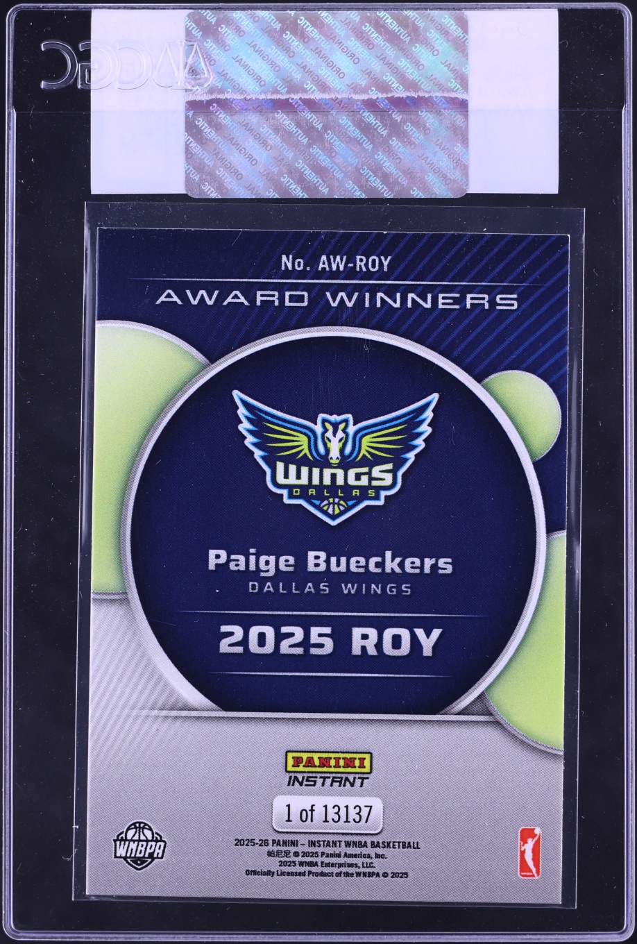 2025 Panini Instant WNBA Award Winners Paige Bueckers ROOKIE /13137 #AW-ROY CGC AUTH