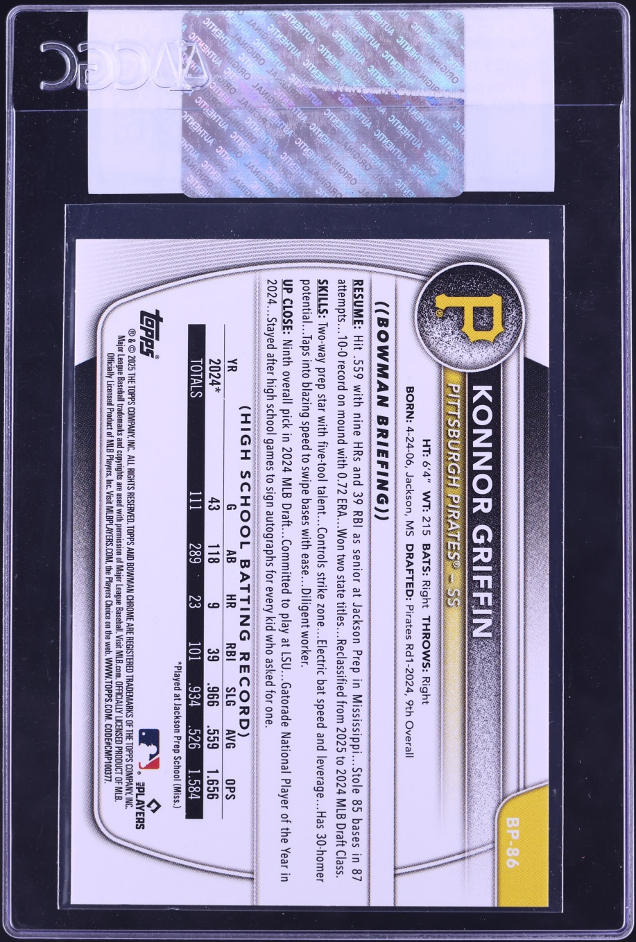 2025 Bowman Konnor Griffin PROSPECT #BP-86 CGC AUTH