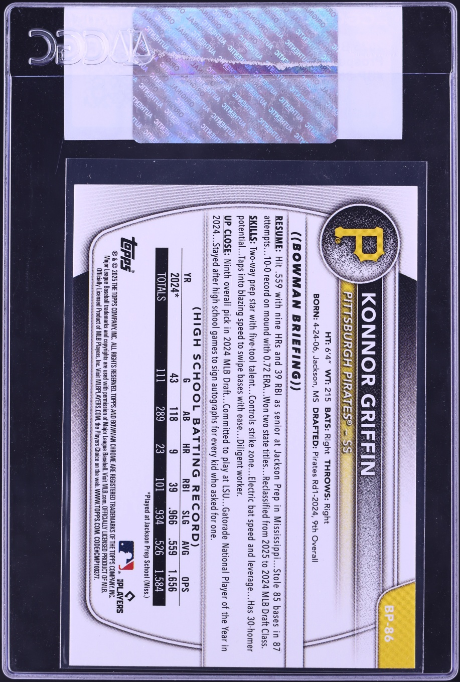 2025 Bowman Konnor Griffin PROSPECT #BP-86 CGC AUTH