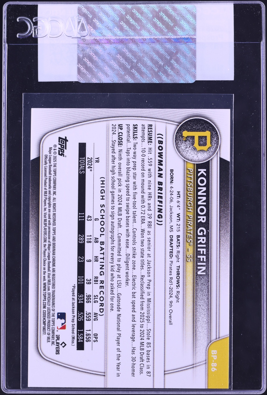 2025 Bowman Konnor Griffin PROSPECT #BP-86 CGC AUTH