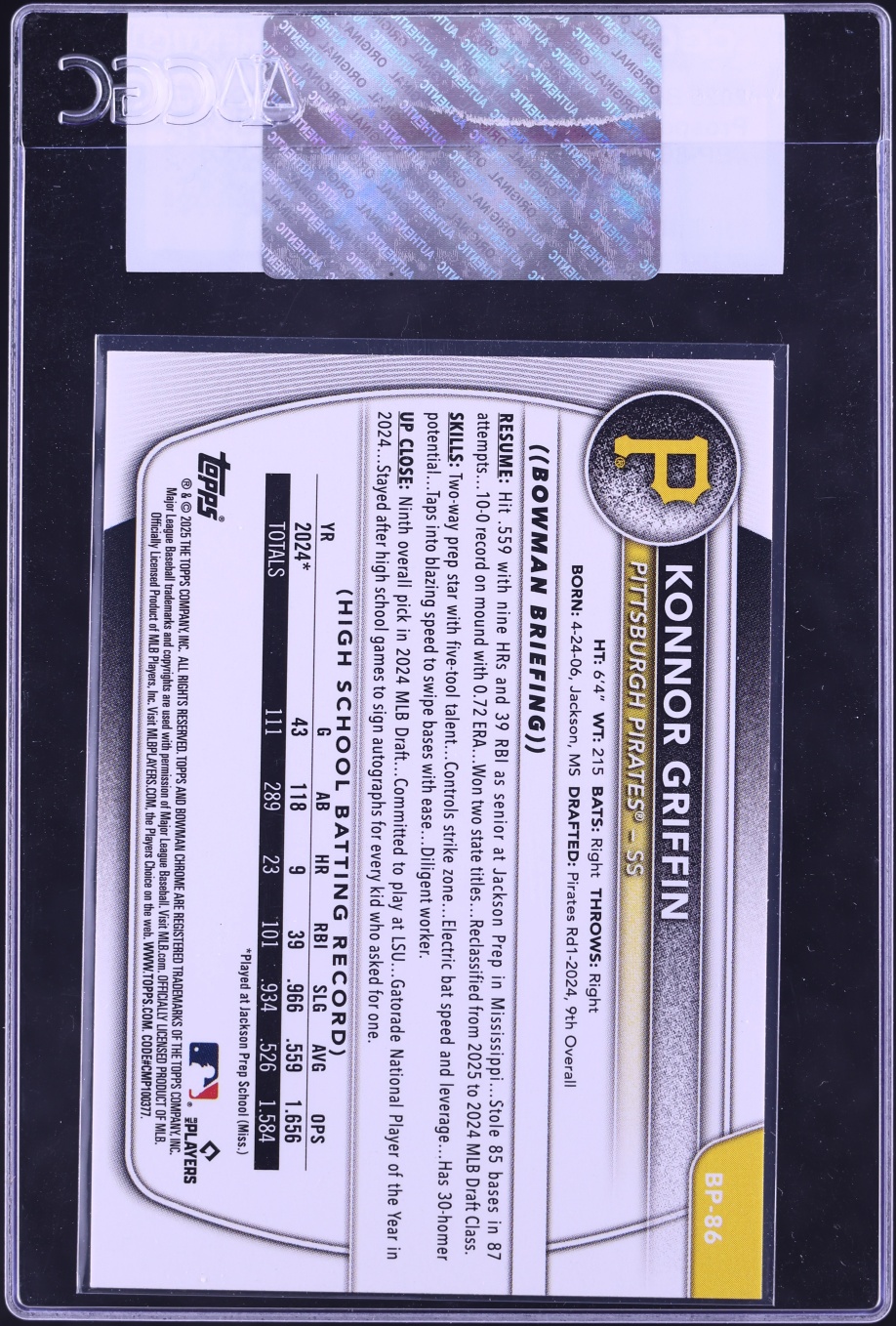 2025 Bowman Konnor Griffin PROSPECT #BP-86 CGC AUTH