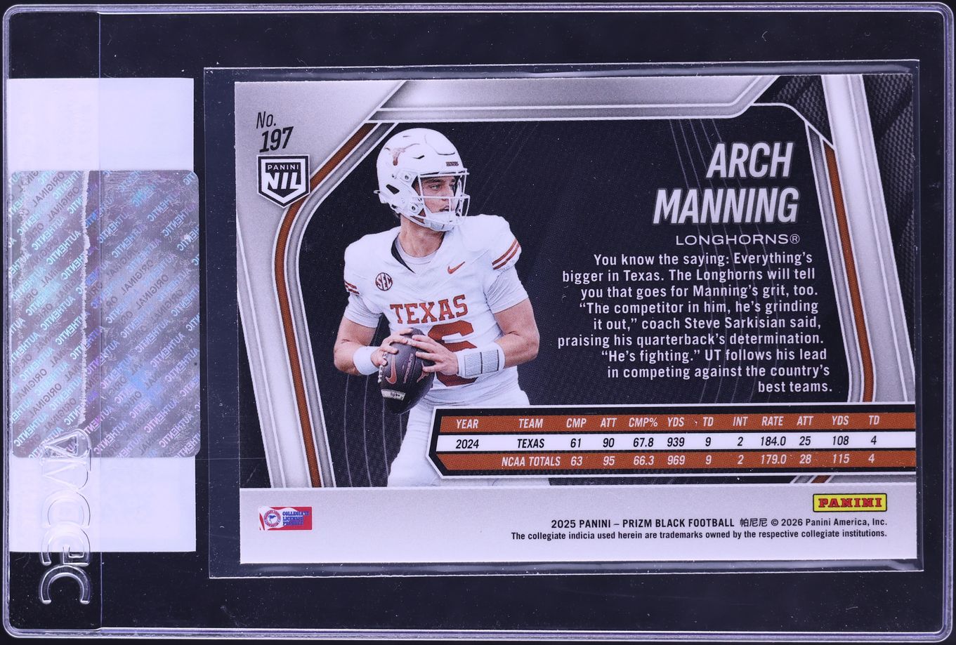 2025 Panini Prizm Black NIL Arch Manning ROOKIE #197 CGC AUTH