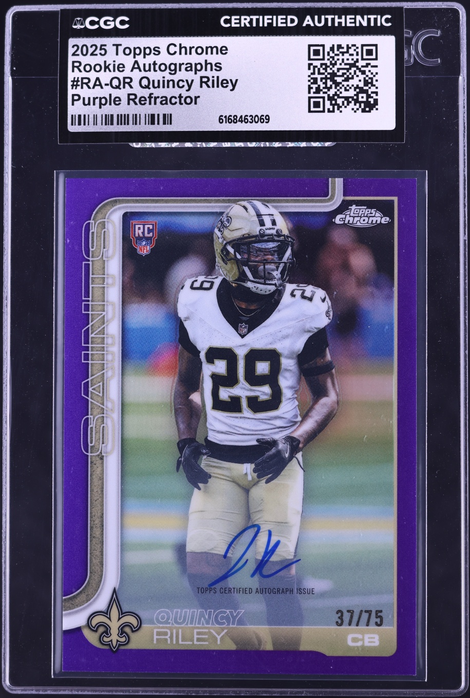 2025 Topps Chrome Purple Refractor Quincy Riley ROOKIE AUTO /75 #RA-QR CGC AUTH