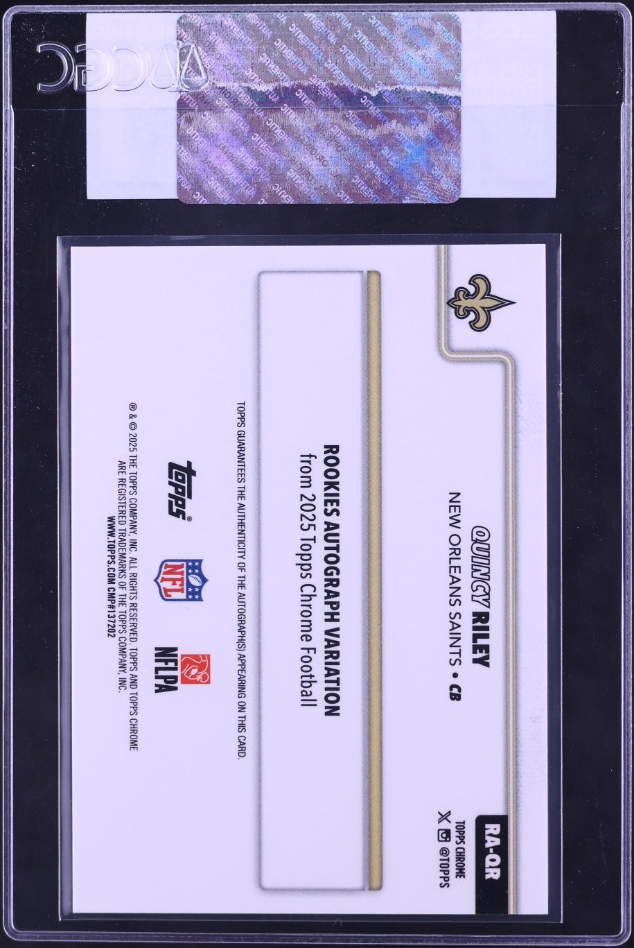 2025 Topps Chrome Purple Refractor Quincy Riley ROOKIE AUTO /75 #RA-QR CGC AUTH