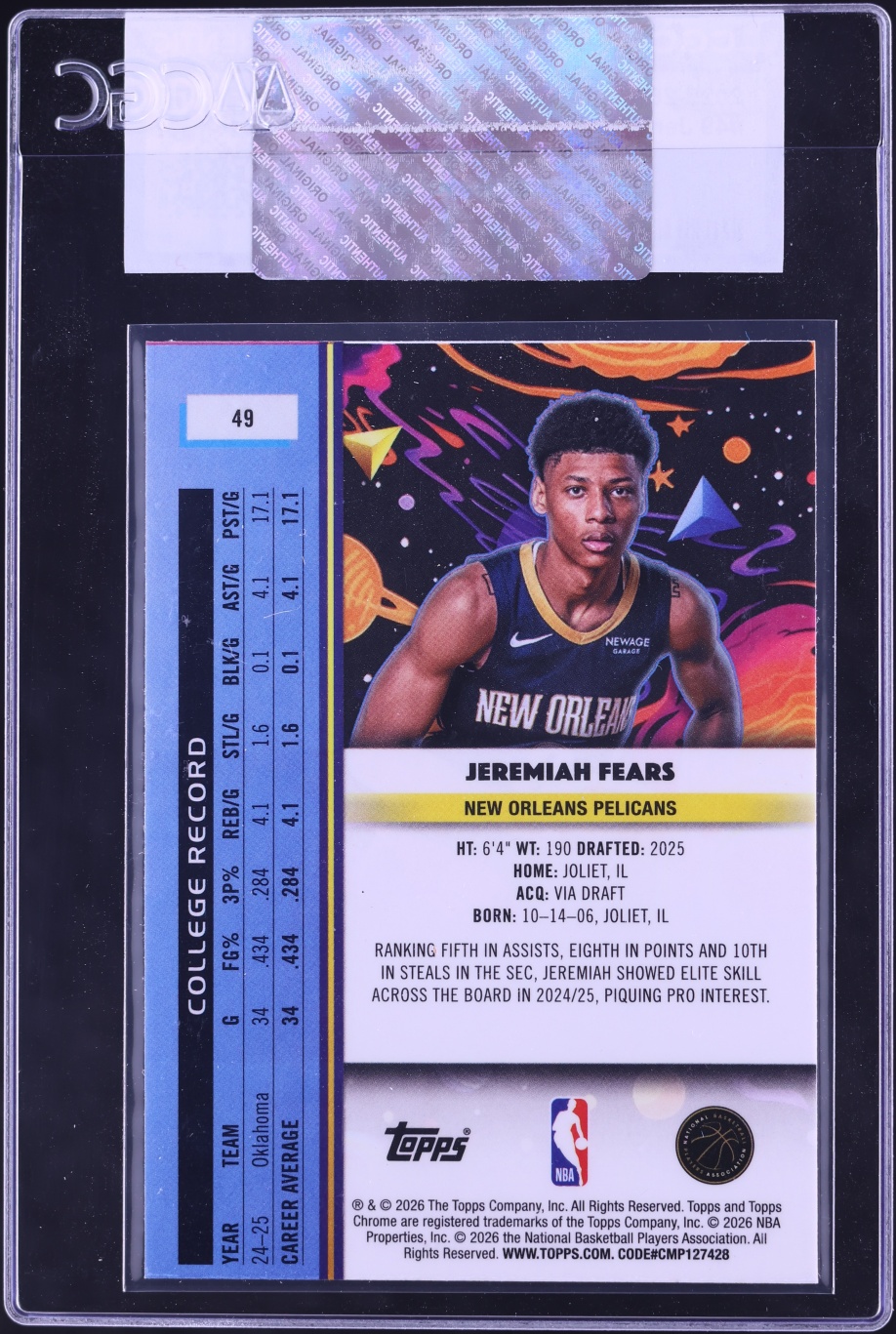 2025 Topps Chrome Cosmic Jeremiah Fears ROOKIE #49 CGC AUTH