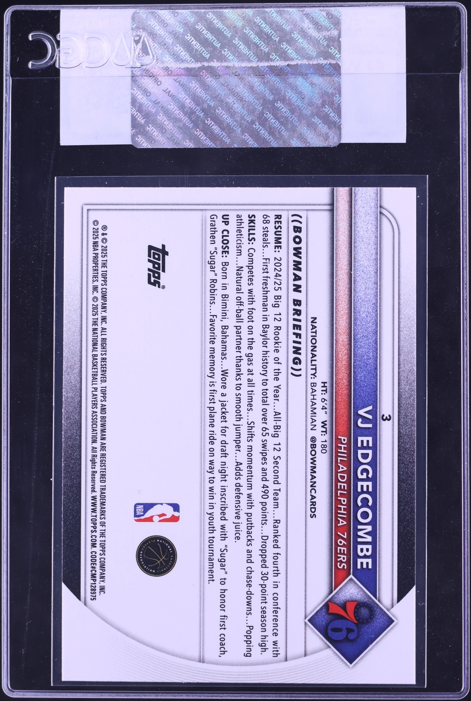 2025 Bowman Basketball VJ Edgecombe ROOKIE #3 CGC AUTH