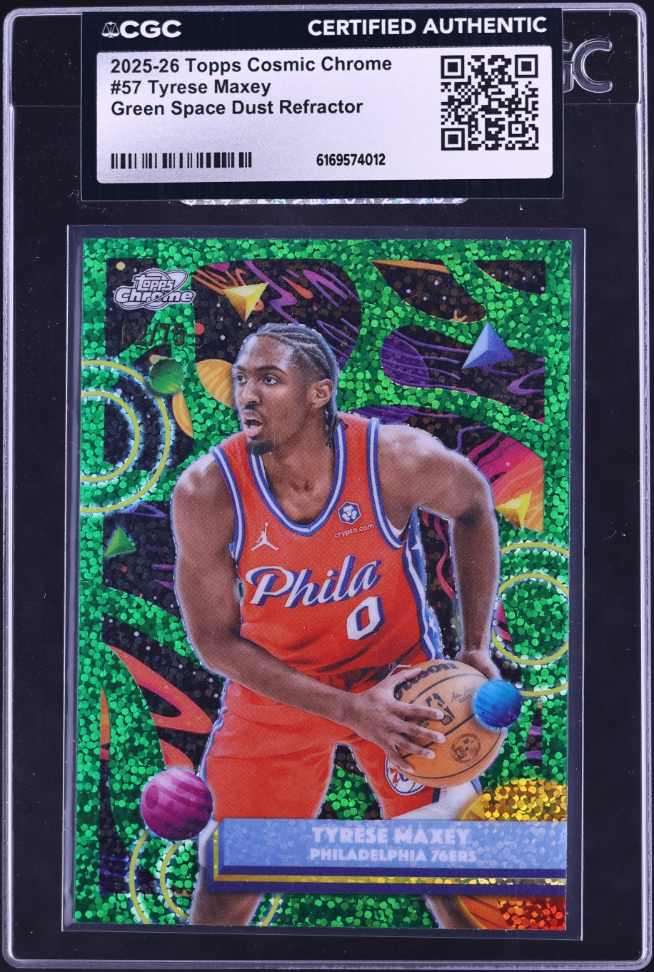 2025 Topps Chrome Cosmic Green Space Dust Refractor Tyrese Maxey /75 #57 CGC AUTH