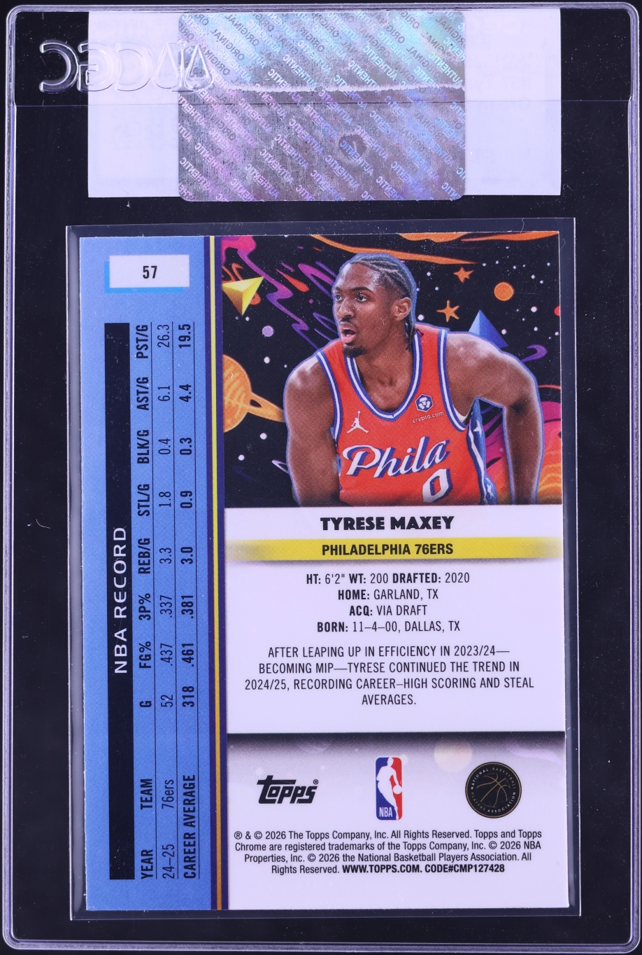 2025 Topps Chrome Cosmic Green Space Dust Refractor Tyrese Maxey /75 #57 CGC AUTH