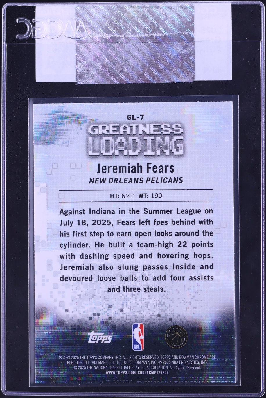 2025 Bowman Chrome Greatness Loading Jeremiah Fears ROOKIE #GL-7 CGC AUTH