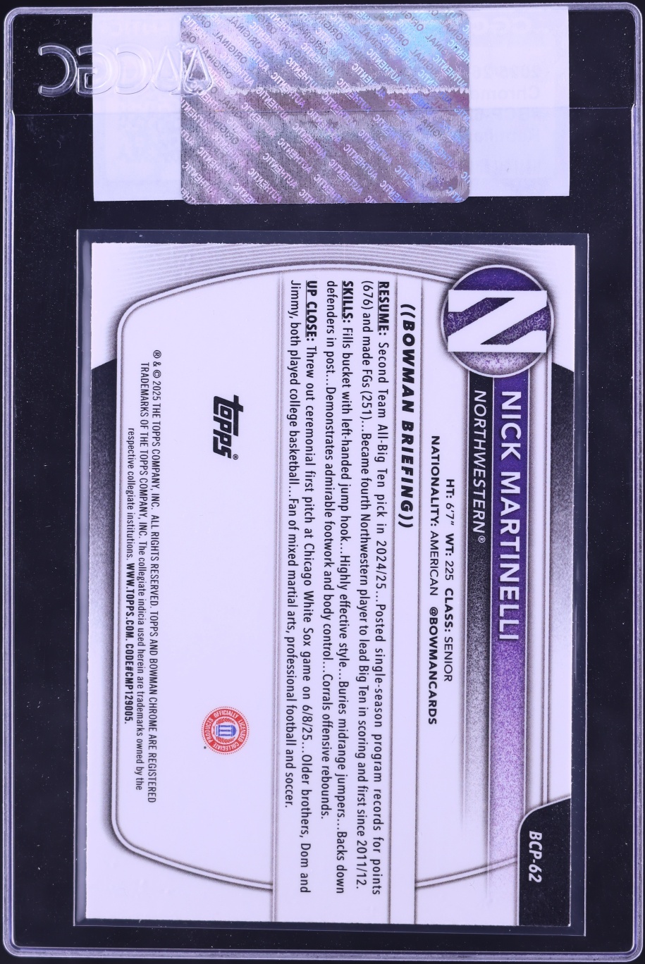 2025 Bowman Chrome University Prospects Reptilian Refractor Nick Martinelli #BCP-62 CGC AUTH