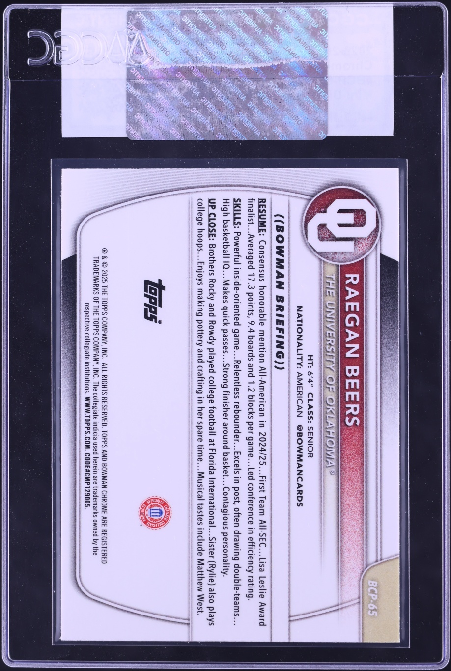 2025 Bowman Chrome University Prospects Mini-Diamond Refractor Raegan Beers #BCP-65 CGC AUTH