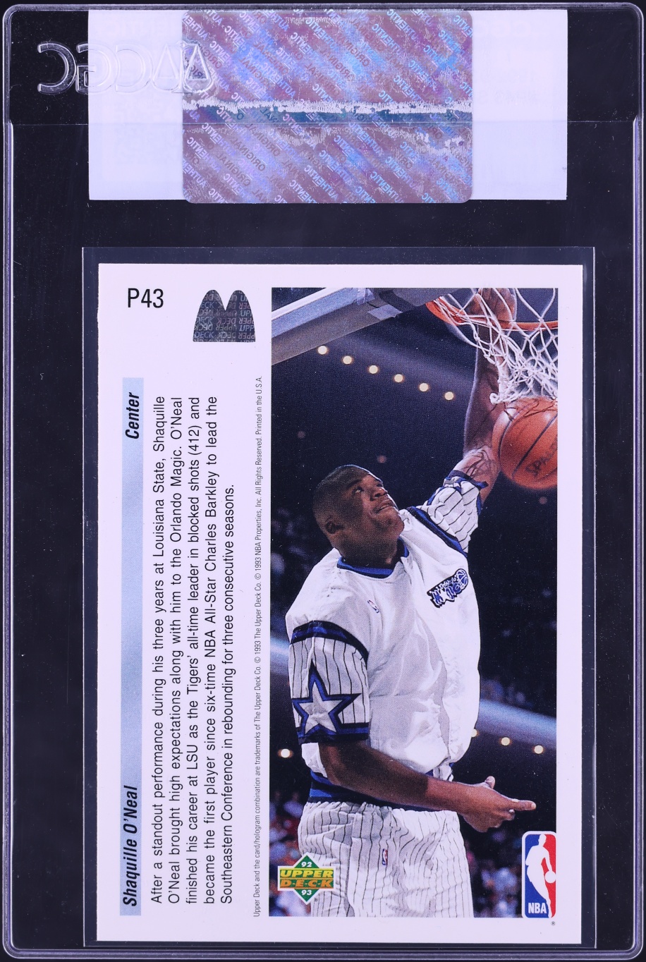 1992 Upper Deck Mcdonald's Shaquille O'Neal ROOKIE #P43 CGC AUTH