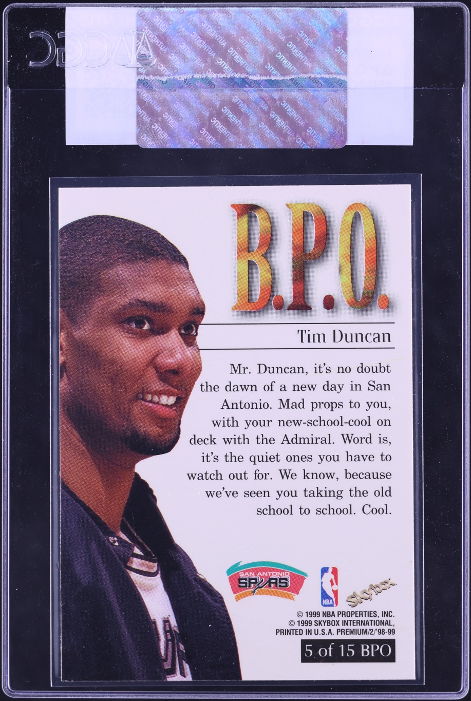 1998 Skybox Premium B.P.O. Tim Duncan #5BPO CGC AUTH