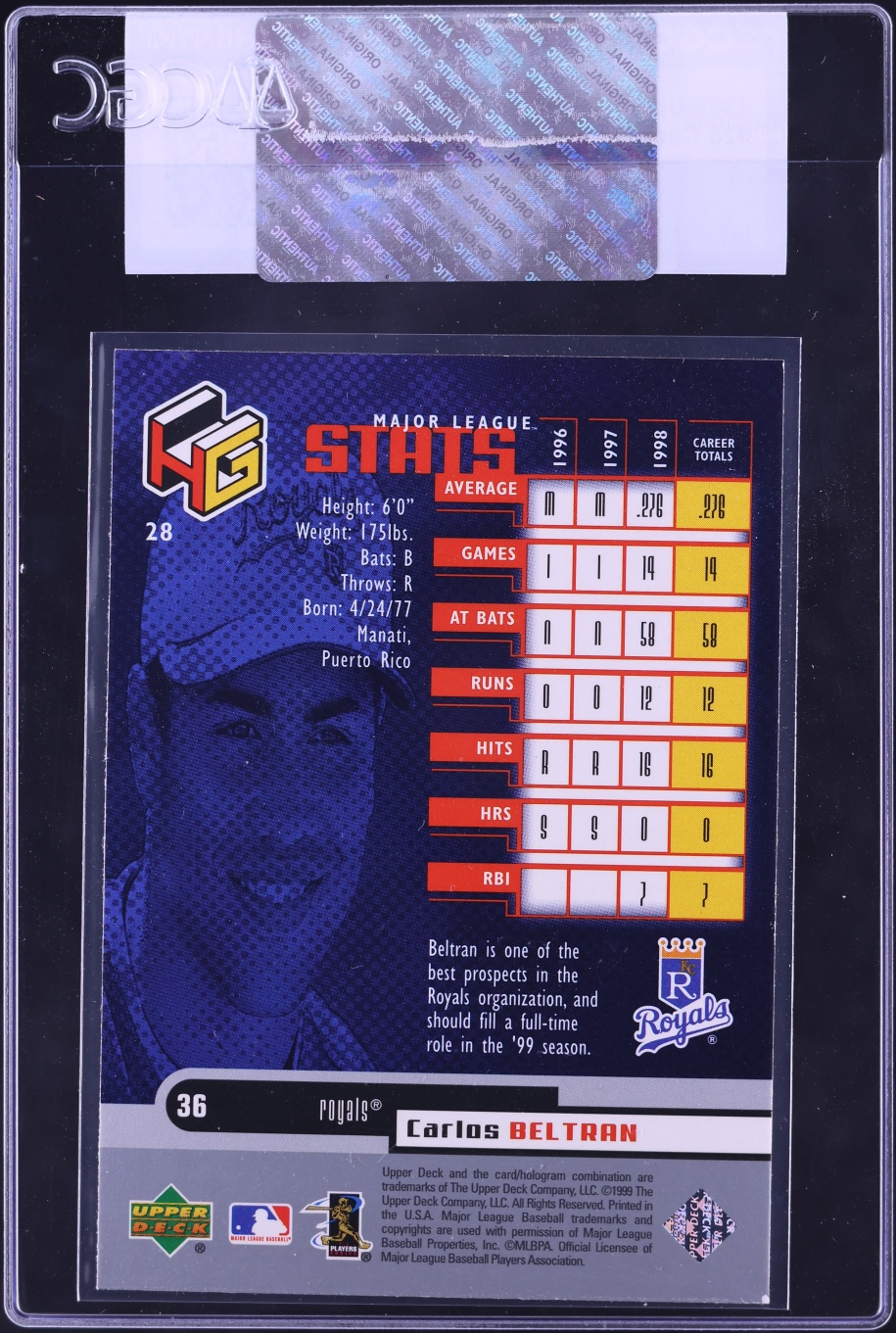 1999 Upper Deck HoloGrFX Carlos Beltran #28 CGC AUTH