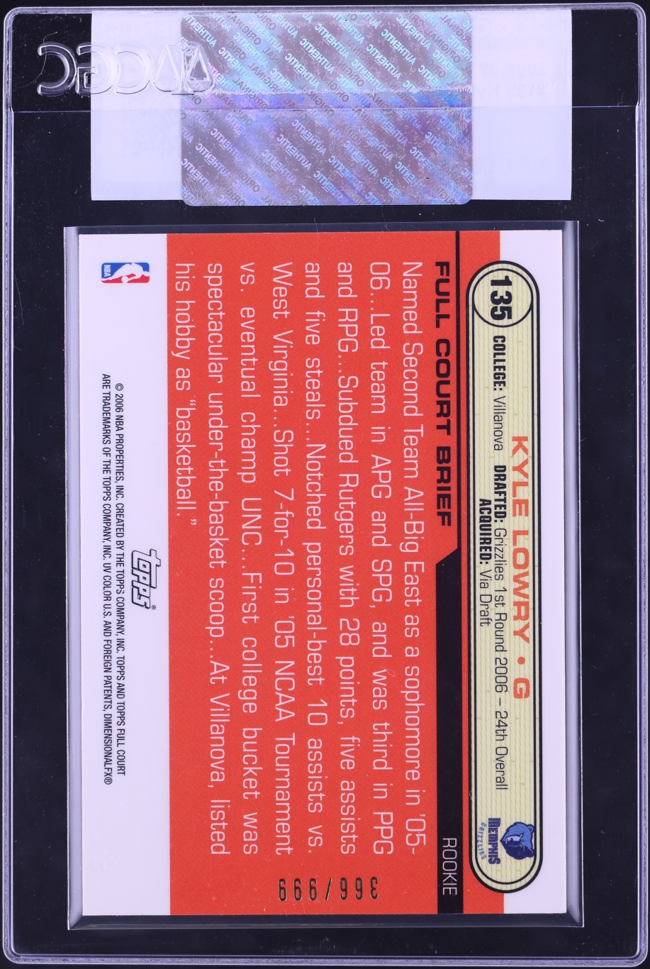 2006 Topps Full Court Kyle Lowry #135 CGC AUTH