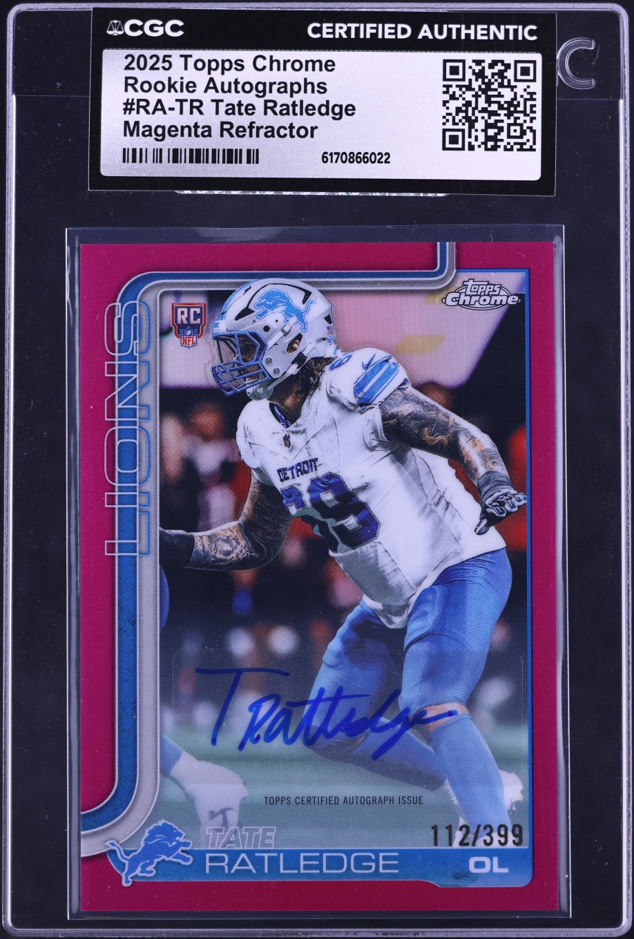 2025 Topps Chrome Magenta Refractor Tate Ratledge ROOKIE AUTO /399 #RA-TR CGC AUTH