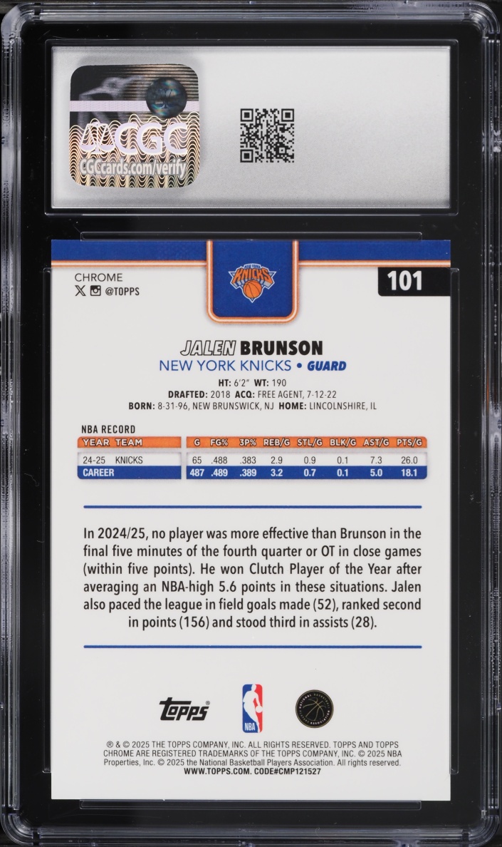 2025 Topps Chrome Gold Geometric Refractor Jalen Brunson /50 #101 CGC 10 GEM MINT