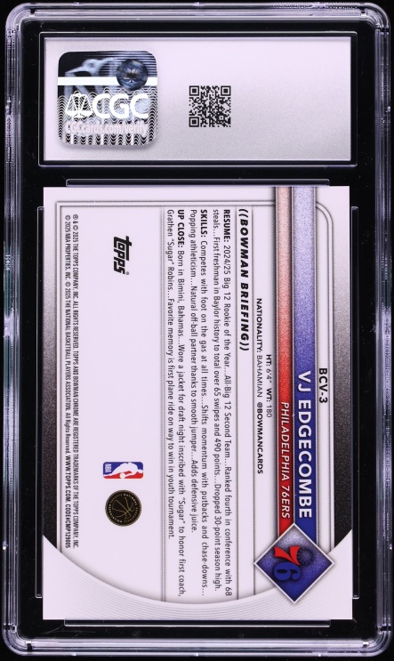 2025 Bowman Chrome Black Refractor VJ Edgecombe ROOKIE /10 #BCV-3 CGC 9.5 MINT+