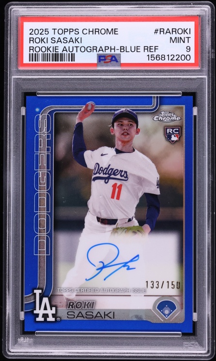 2025 Topps Chrome Blue Refractor Roki Sasaki ROOKIE AUTO /150 #RA-ROKI PSA 9 MINT