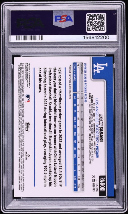 2025 Topps Chrome Blue Refractor Roki Sasaki ROOKIE AUTO /150 #RA-ROKI PSA 9 MINT